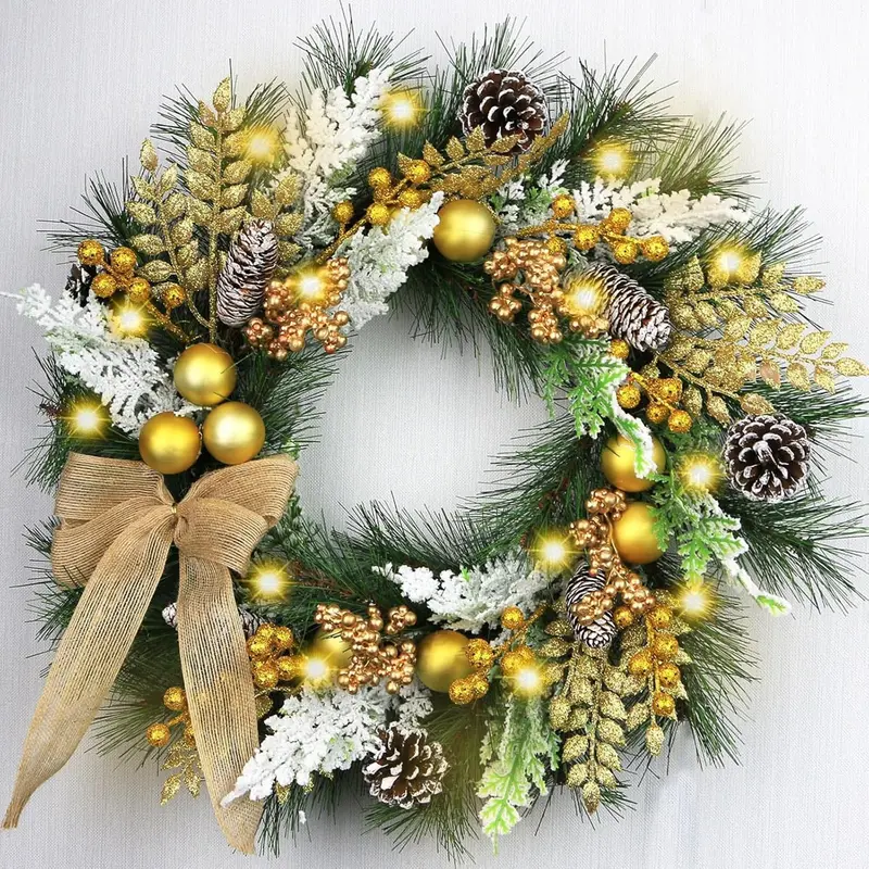 22-Inch Battery-Operated Christmas Wreath With Warm White Led Lights & Gold Embellishments 1