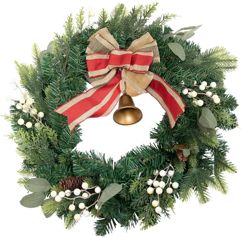 24-Inch Decorated Pine Wreath With Red Burlap Bow – Ready-To-Hang Front Door Accent 1
