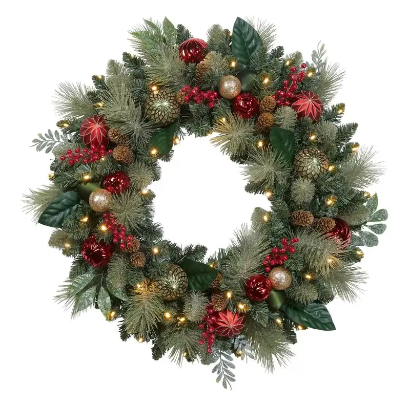 30-Inch Red-Embellished Battery-Operated Pre-Lit Holiday Wreath (50 Leds) 1