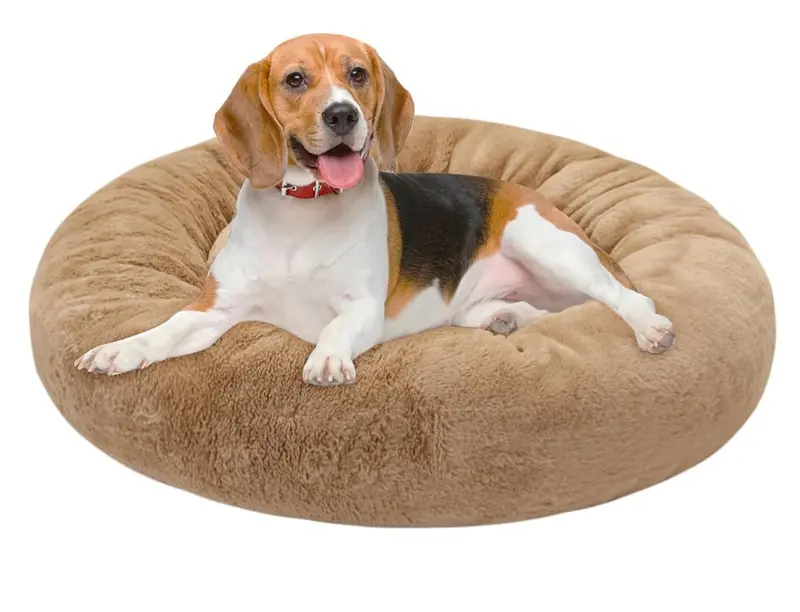 30-Inch Round Calming Pet Bed – Khaki, Supports Dogs & Cats Up To 42 Lbs 1