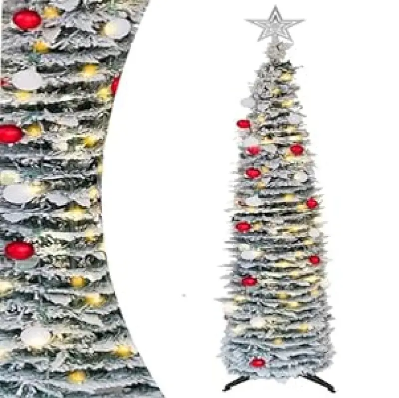 5-Foot Pop-Up Pre-Lit Snow-Flocked Pencil-Style Christmas Tree – Red And White Ornaments 1