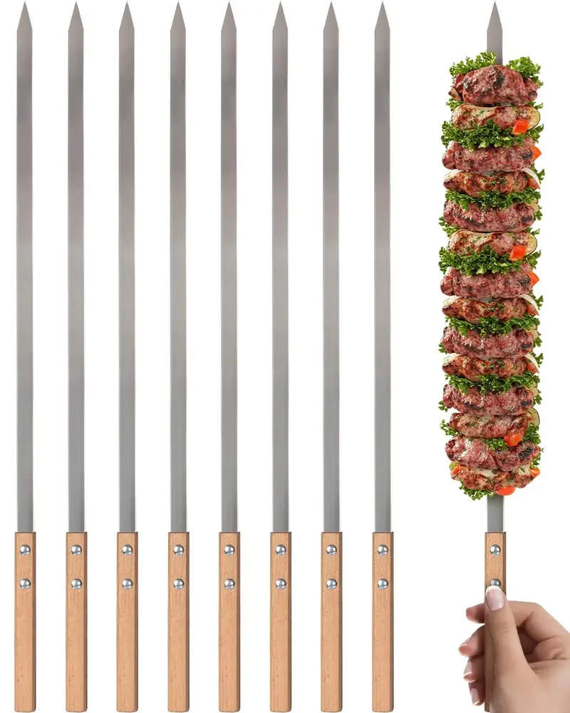 8-Pack Flat Stainless Steel Kabob Skewers (23") – Reusable Bbq Grilling Tools With Wooden Handles For Outdoor Cooking 1
