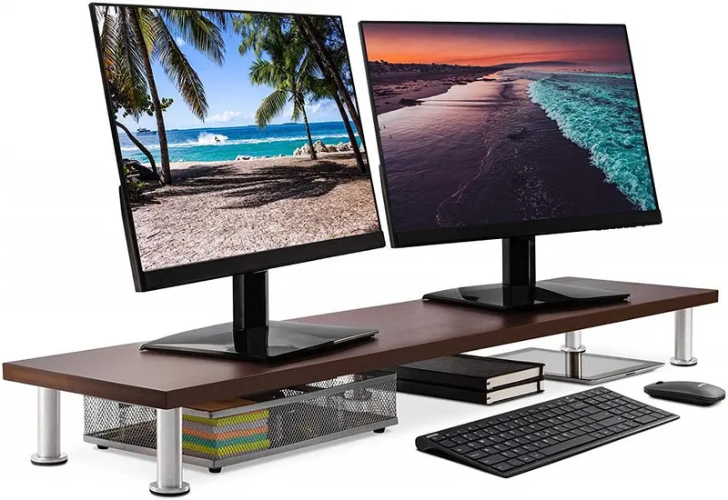 Bamboo Dual Monitor Stand – Brown Finish, Spacious Desktop Setup 1