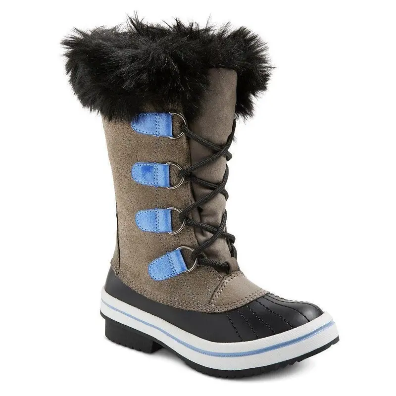 Cat & Jack Nadia Suede Winter Snow Boots For Girls – Black Fur Trim, Size 4 1
