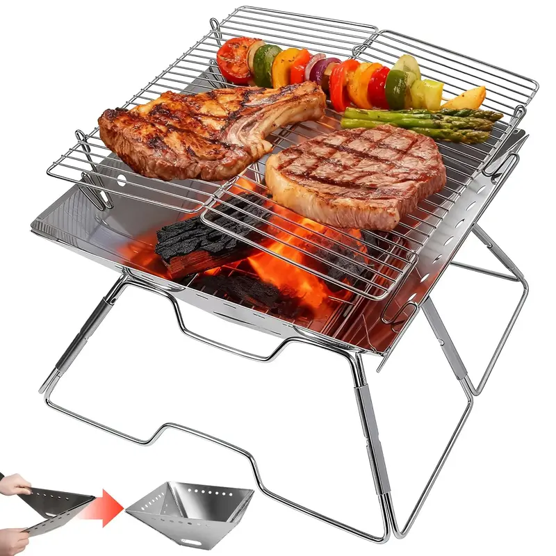 Collapsible Portable Fire Pit With Grill – Foldable Wood-Burning Campfire Unit + Tote Bag For Backyard & Picnics 1