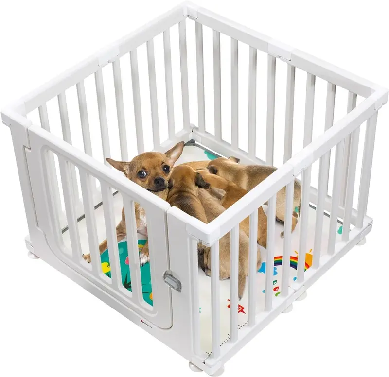 Foldable White Pet Playpen With Door – Whelping Box For Puppies And Small Dogs 1