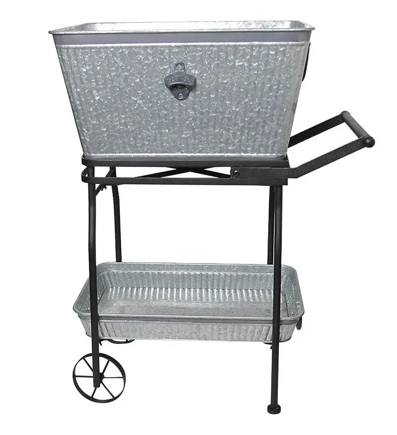 Galvanized Metal Beverage Tub With Rolling Cart And Serving Tray 1