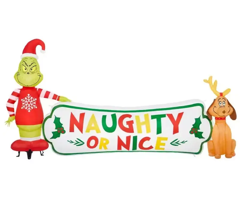 Gemmy 9-Foot Wide Animated Grinch & Max Inflatable Scene – "Naughty Or Nice" Display 1