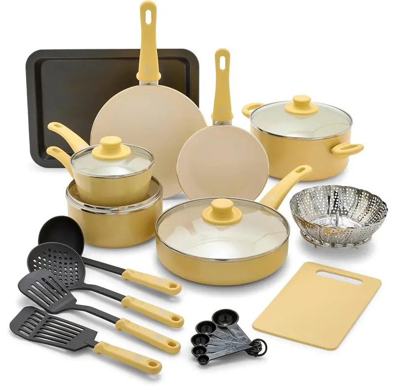 Greenlife Soft Grip 18-Piece Ceramic Non-Stick Cookware Set – Pots And Frying Pans, Sunny Yellow 1