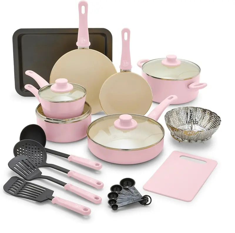 Greenlife Soft Grip 18-Piece Healthy Ceramic Cookware Set – Pots And Skillets, Blush Pink 1