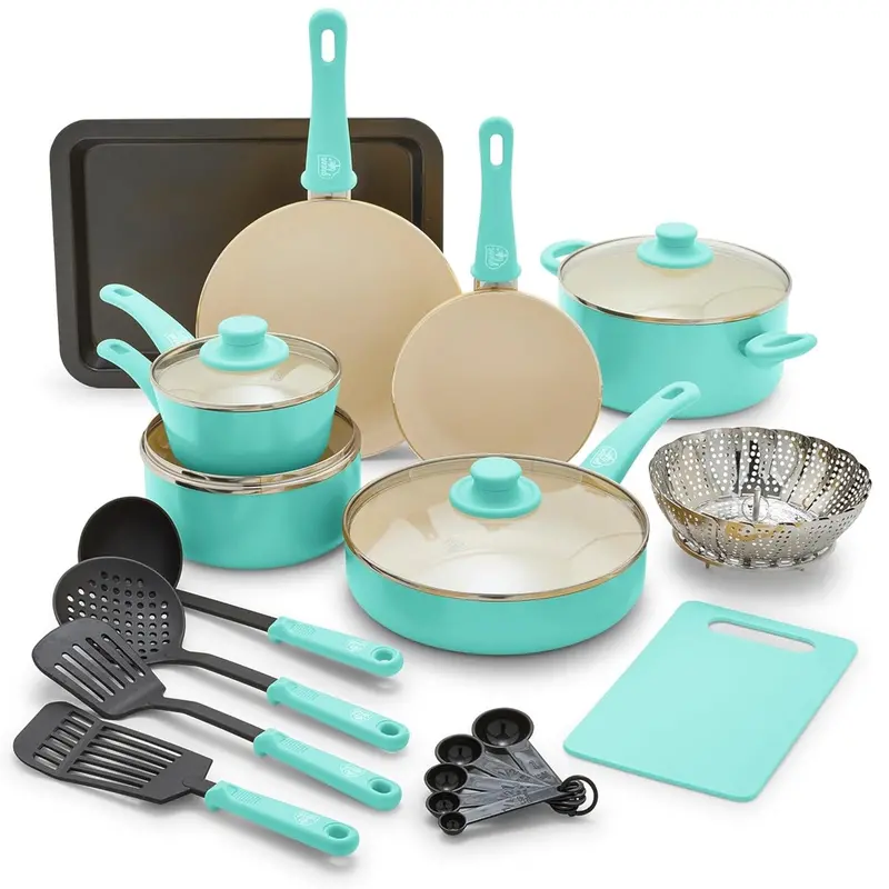 Greenlife Soft-Grip Ceramic Nonstick 18-Piece Cookware Set – Turquoise 1