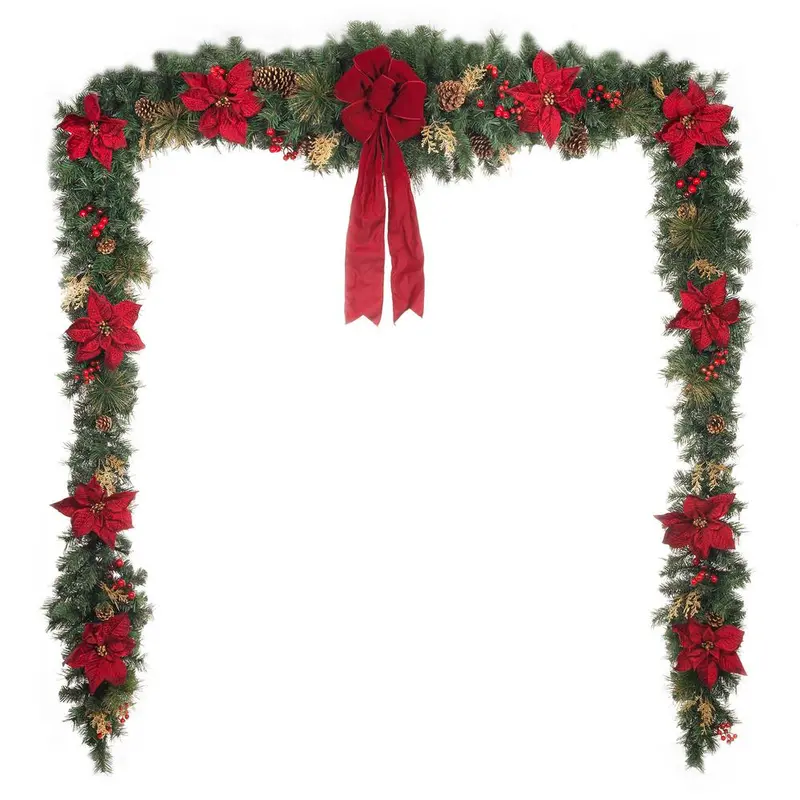 Home Accents Holiday Burgundy Poinsettia Garland – 17-Foot Unlit Festive Wreath Base 1