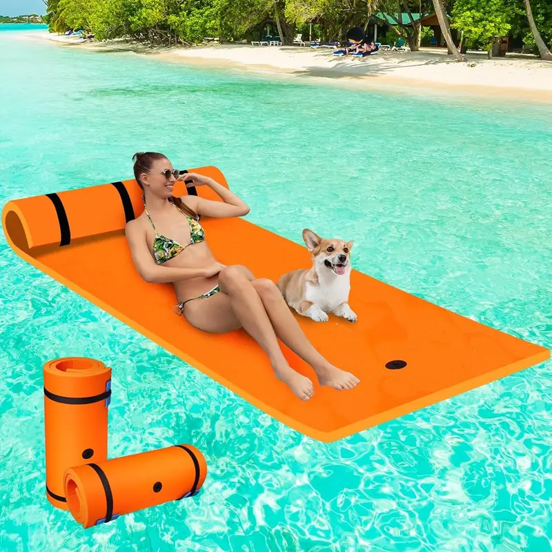 Inflatable Floating Water Mat – 7' X 3', Orange, Includes Storage Straps 1