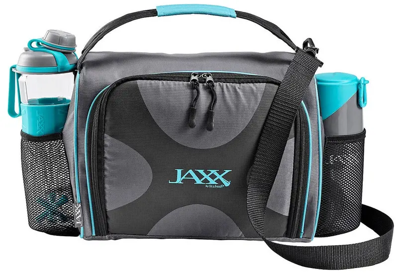 Jaxx Fitpak Deluxe Meal Prep Kit – Grey & Teal Carry Bag With Snack Containers And Shaker Bottle 1