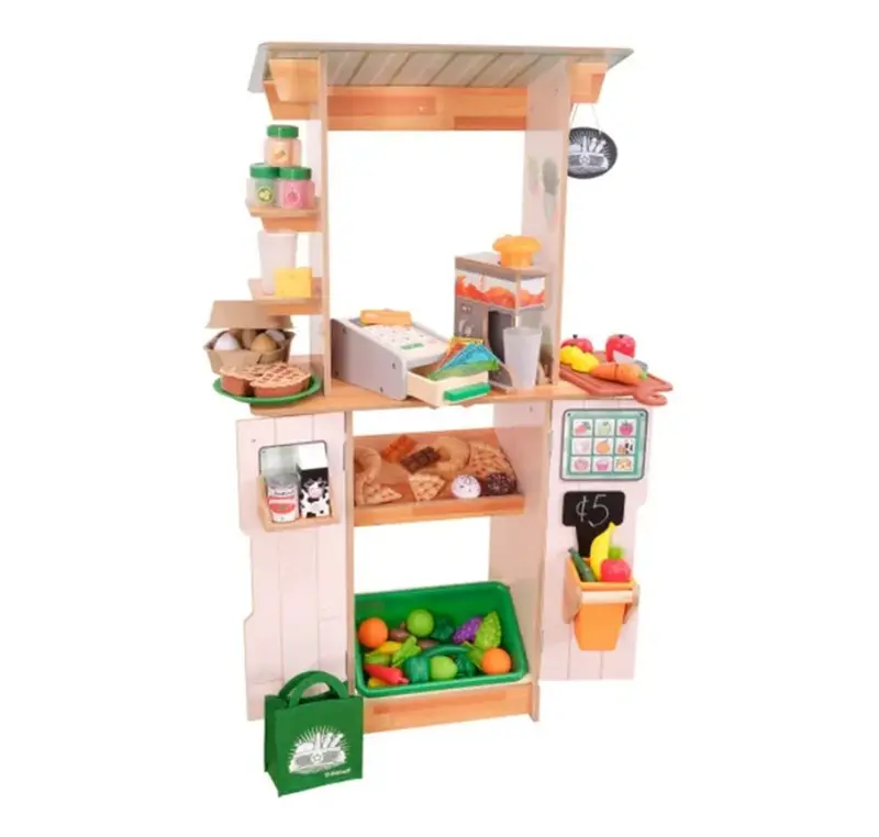 Kidkraft Fresh Farm Wooden Market Stand – 96-Piece Role-Play Grocery Set With Accessories 1
