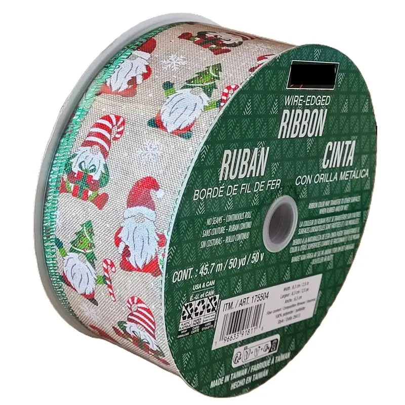 Kirkland Gnome-Print Burlap Christmas Ribbon – Wire-Edged Decorative Trim – 50 Yd × 2.5 In 1
