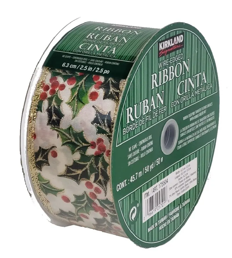 Kirkland Green Leaf & Red Holly Berry Wire-Edged Ribbon – 2.5" X 50 Yds 1