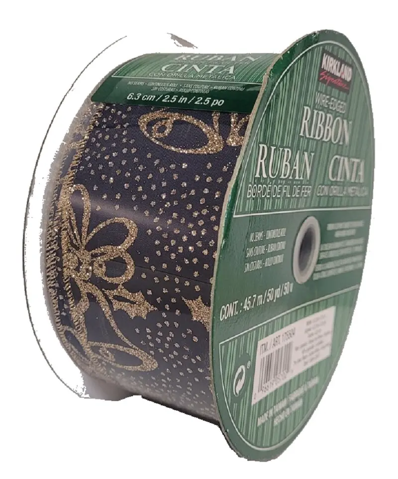 Kirkland Navy Blue Holiday Ribbon With Gold Glitter Bells – 2.5" X 50 Yds 1