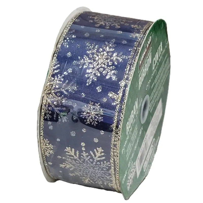 Kirkland Navy Blue Ribbon With Gold Snowflake Accents – Wire-Edged Festive Trim – 50 Yd × 2.5 In 1