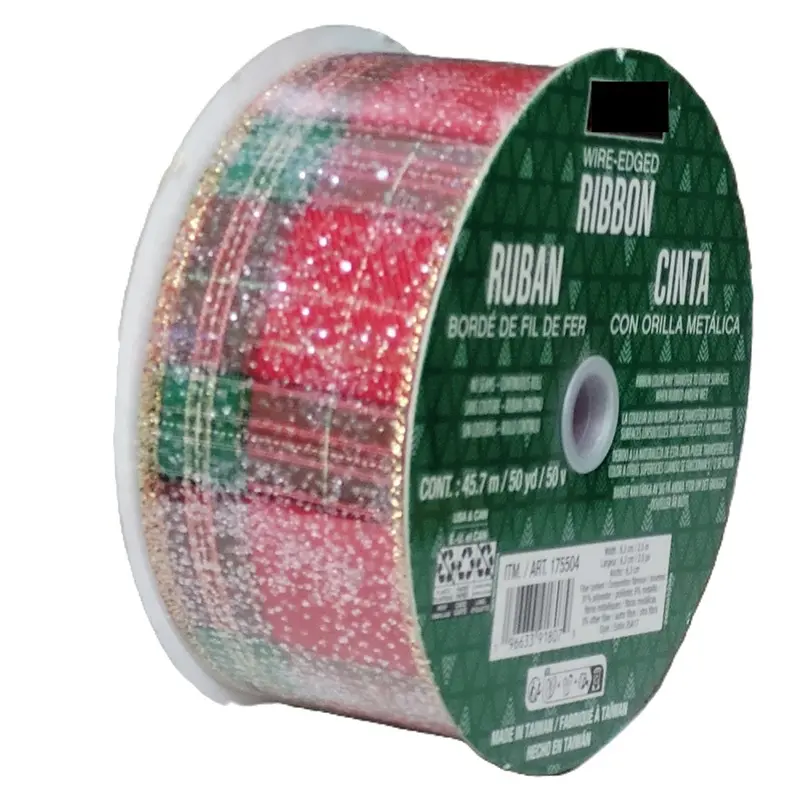 Kirkland Plaid Holiday Ribbon With Crystal Embellishments – Wire-Edged, 50 Yd × 2.5 In 1