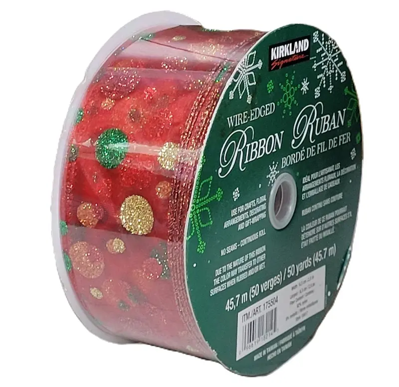 Kirkland Red Sheer Ribbon With Glittered Circle Patterns – Wire-Edged Holiday Decoration – 50 Yd × 2.5 In 1