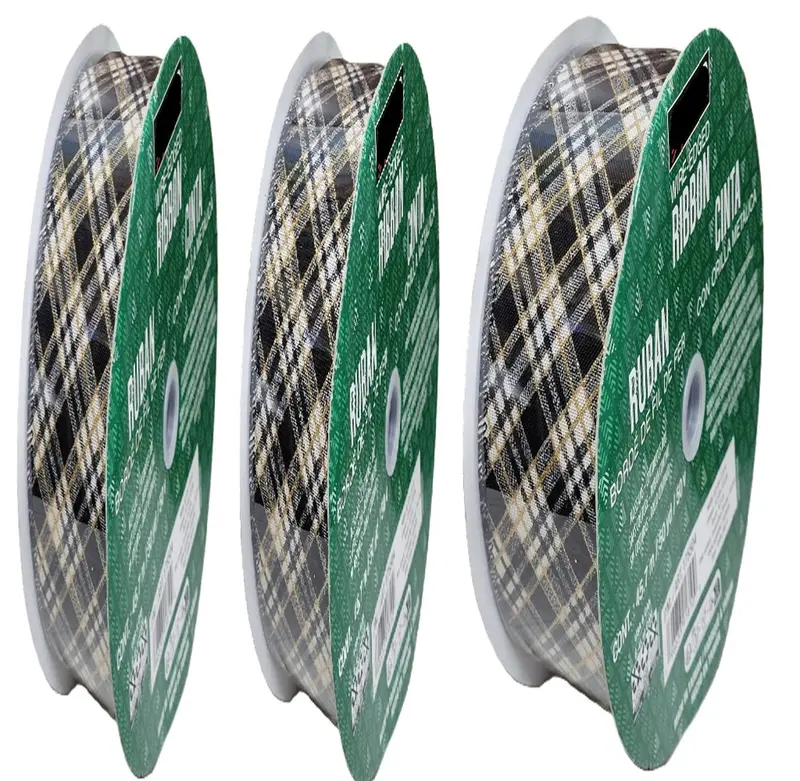 Kirkland Signature Black Plaid Ribbon With Gold Wire Edge – 3-Pack, 50 Yards × 2.5 Inches 1