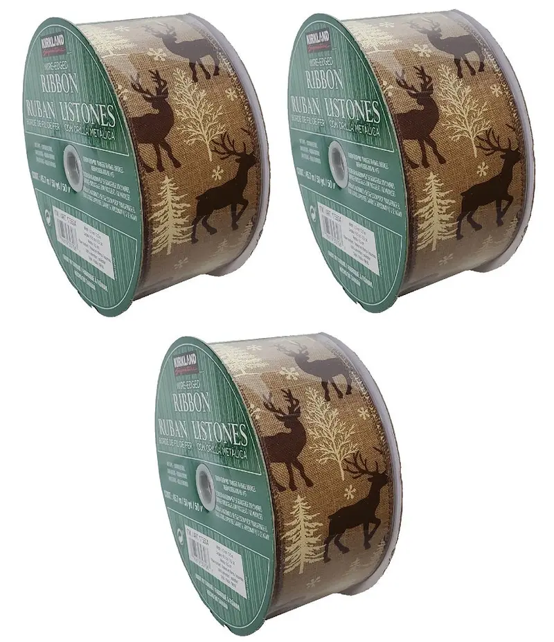 Kirkland Signature Jute Ribbon With Wire Edge: Deer & Snowflake Design, 2.5" Wide × 50 Yards (3 Rolls) 1