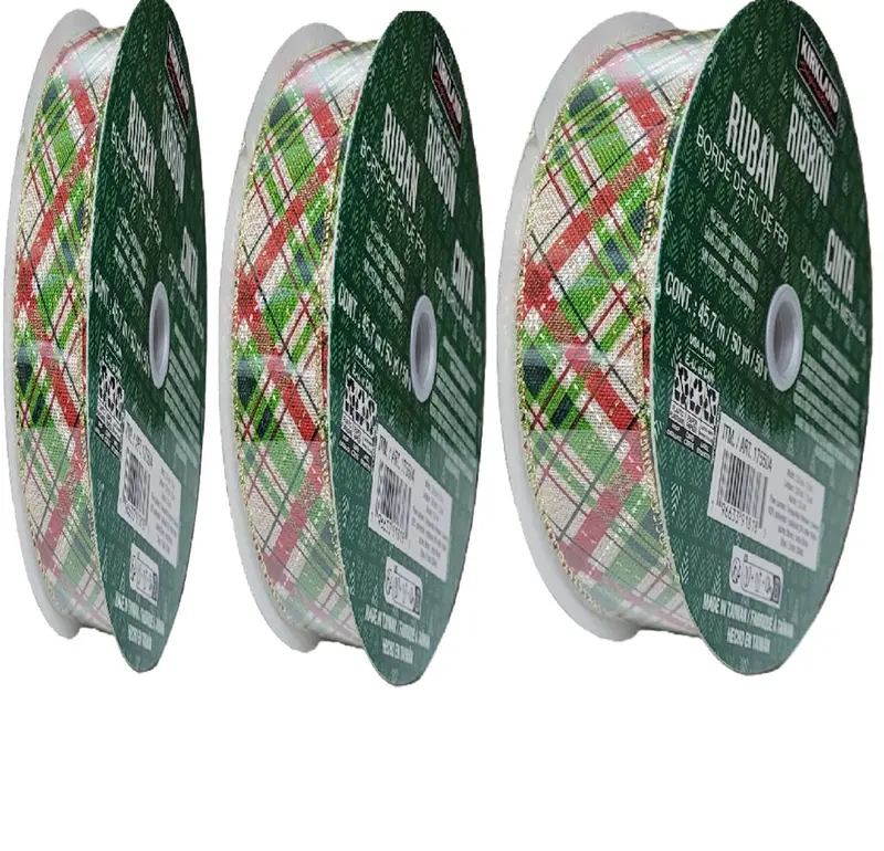 Kirkland Signature Plaid-On-Burlap Christmas Ribbon With Glitter – 3-Pack, 50 Yards × 1.5 Inches 1