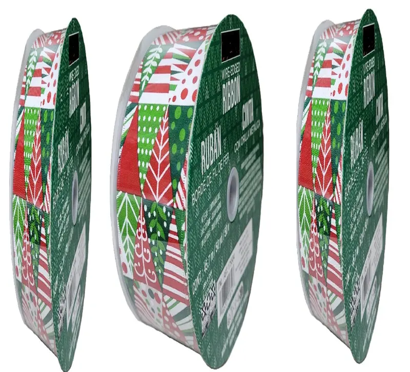 Kirkland Signature Wire-Edged Christmas Triangle Ribbon Pack – Red, Green, White, 50 Yards × 2.5 Inches 1