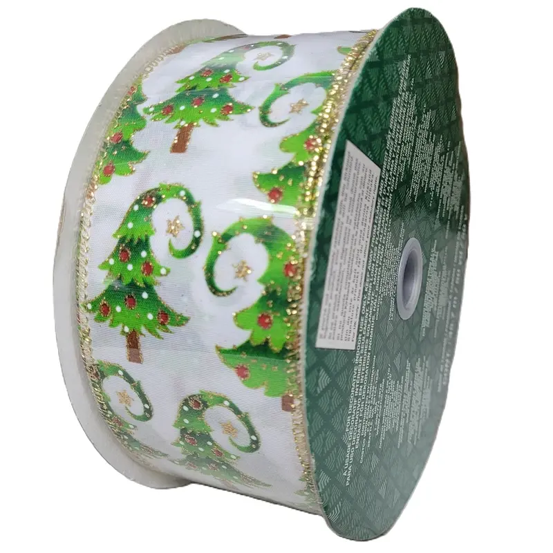 Kirkland Wire-Edged White Christmas Ribbon With Glittered Tree Motifs – 50 Yd × 2.5 In 1