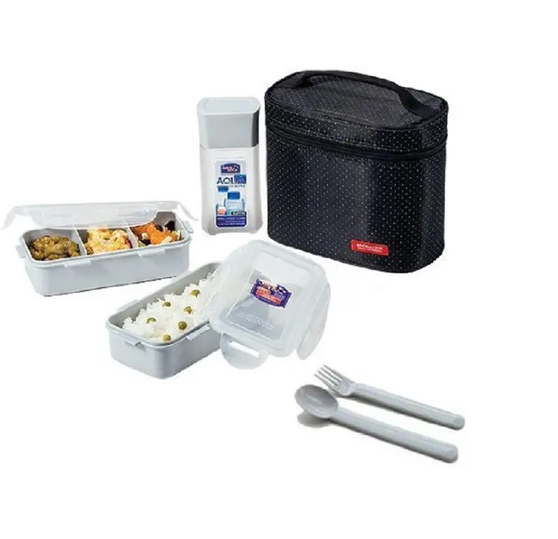 Lock&Lock 2-Piece Insulated Lunch Bag Set – Includes Water Bottle, Utensils, Black With Silver Accents 1