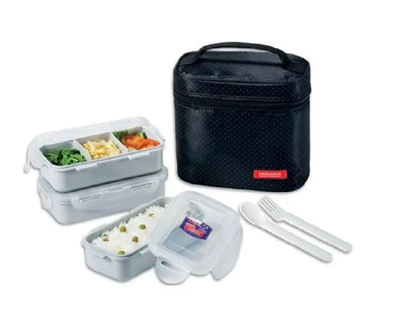 Lock&Lock 3-Piece Insulated Lunch Bag Set With Silver-Dotted Black Design And Cutlery 1