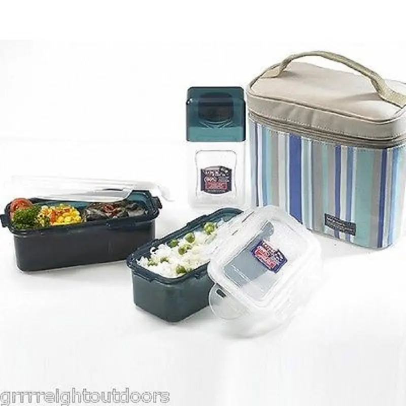 Lock&Lock Blue Double-Zip Insulated Lunch Bag With 3-Piece Container Set 1
