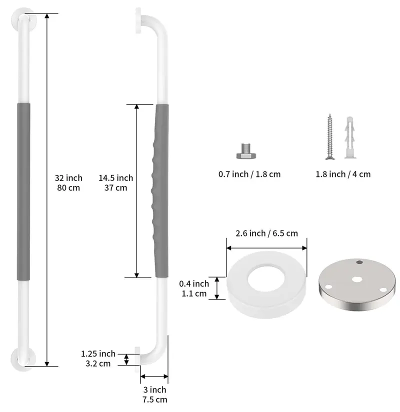 Munzong 32-Inch White Ada Shower Grab Bar With Gray Anti-Slip Rubber Padding 2