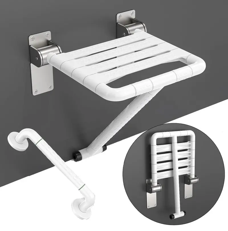 Munzong Wall-Mounted Folding Shower Seat With Integrated Grab Bar – White Finish 1