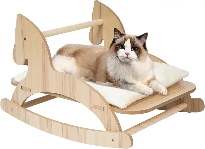 Petour Wooden Horse-Shaped Rocking Cat Bed With Swing Function 1
