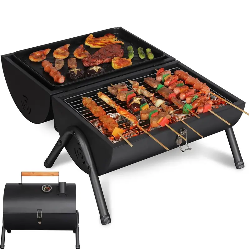 Portable Charcoal Grill Featuring Built-In Temperature Gauge 1