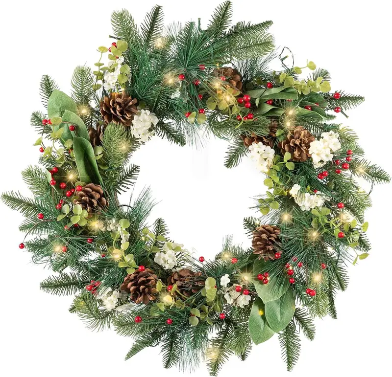 Red Co 26-Inch Decorated Light-Up Christmas Wreath – Battery-Powered Design 1