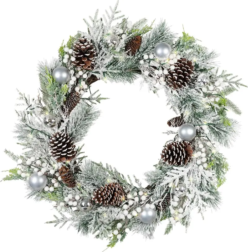 Red Co 30-Inch Pinecone-Adorned Led Christmas Wreath – Silver Finish, Battery-Operated 1