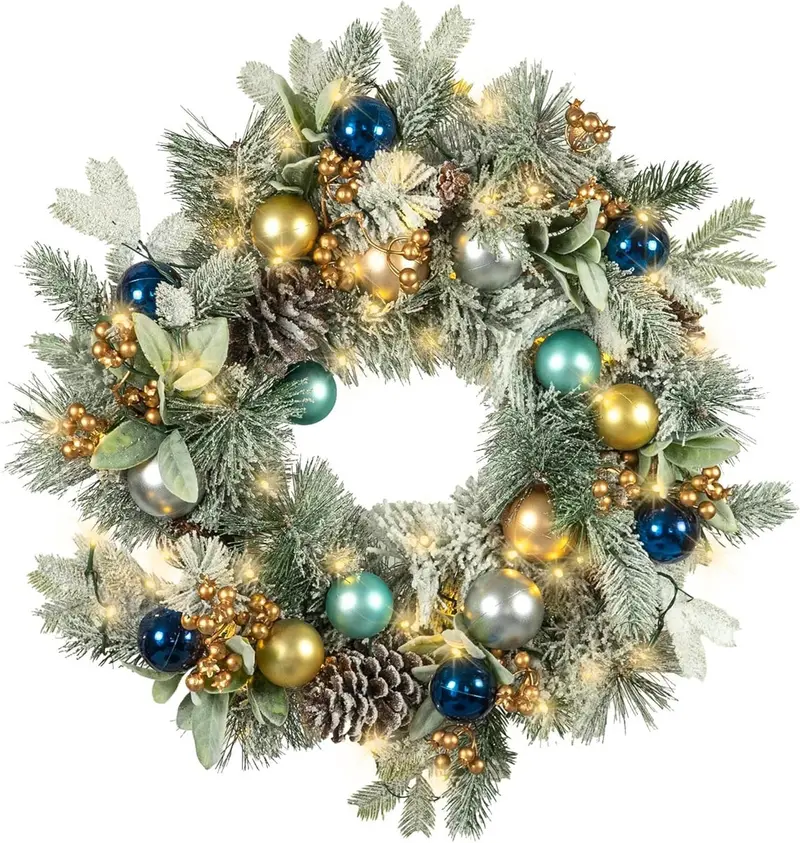 Red Co 30-Inch Snow-Flocked Led Christmas Wreath – Blue Ornament Accent 1