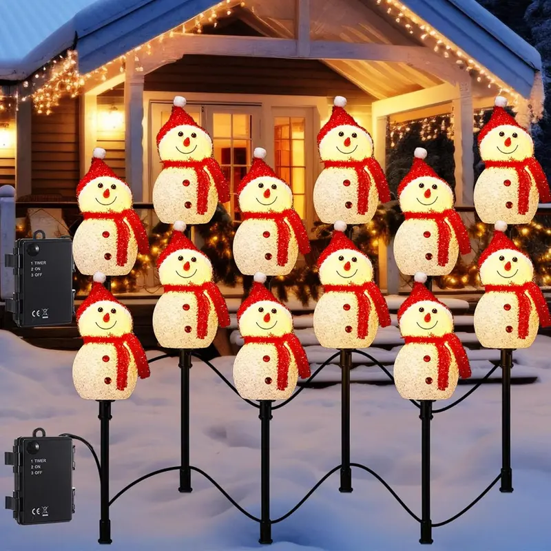 Rossesay Battery-Powered Snowman Pathway Stake Lights – 12-Piece Outdoor Christmas Decor 1