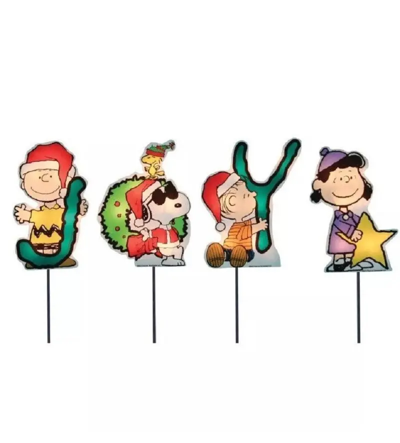 Set Of 4 Pre-Lit Peanuts & Snoopy Pathway Markers – Joy Theme, Clear Lights 1