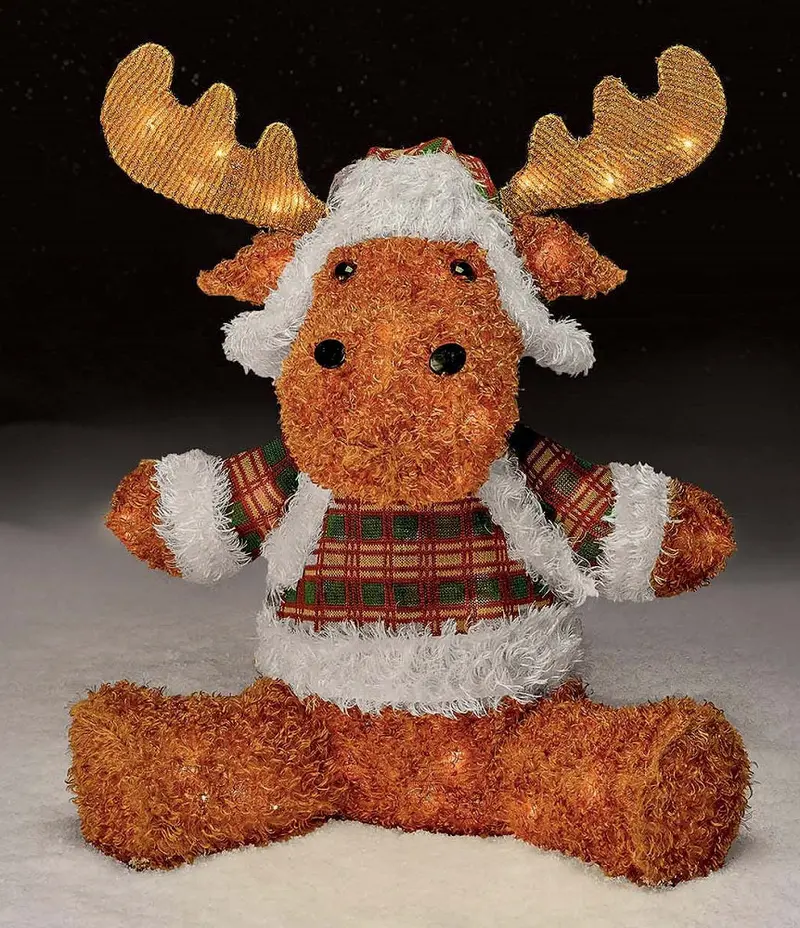 Sitting Moose Figurine In Plaid Jacket – 24-Inch Folk Art Decor 1