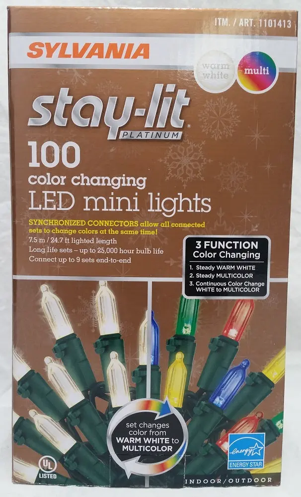 Stay-Lit Platinum 100-Led Mini Light Strand – 24.7 Ft, Warm White & Multi-Color Mode 1