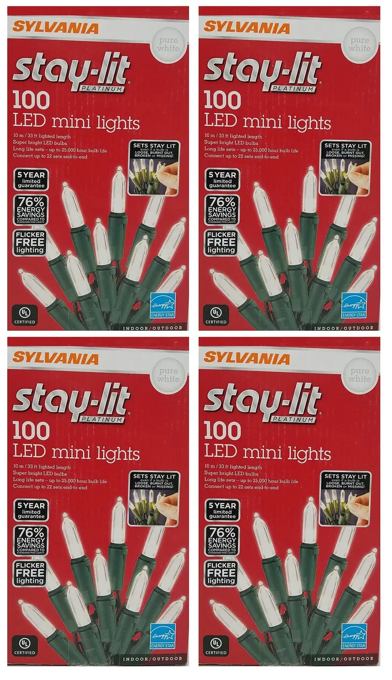 Sylvania Stay-Lit Platinum 100-Led Mini Lights – Pure White, 33-Foot 4-Pack 1