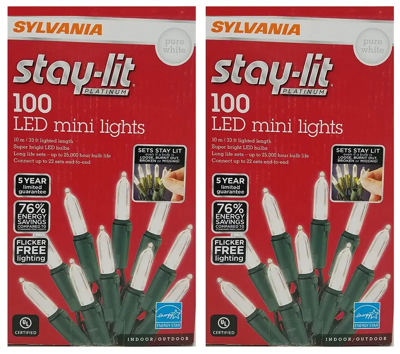 Sylvania Stay-Lit Platinum Mini Lights – 100-Led Pure White String, 33 Feet (2-Pack) 1