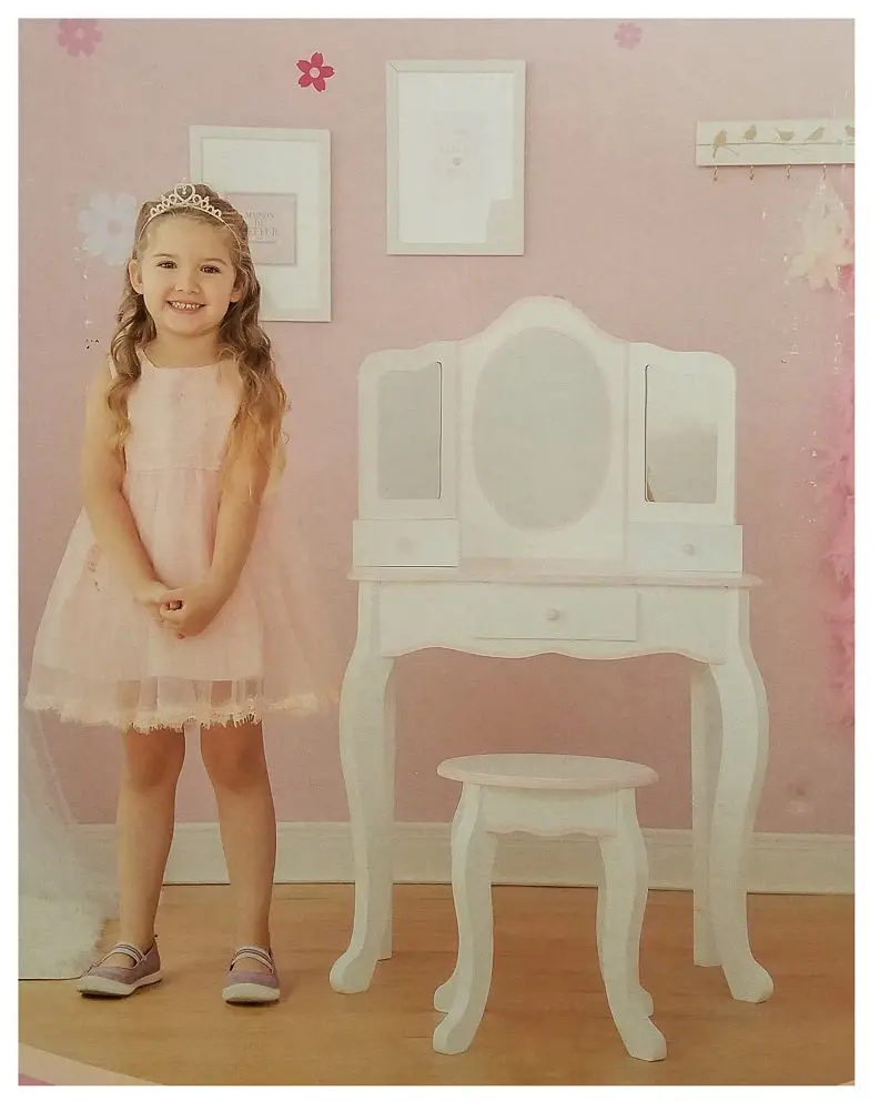 Teamson Kids Girls' Pink-Trimmed White Vanity Set With Matching Stool 1