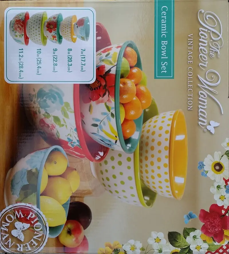 The Pioneer Woman Vintage Ceramic Bowl Set – 5-Piece Kitchen Serving Collection 1