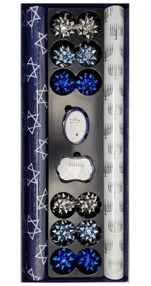 Tom Smith Hanukkah Gift Wrap Kit – 2 Rolls + 12 Matching Tags & Bows 1