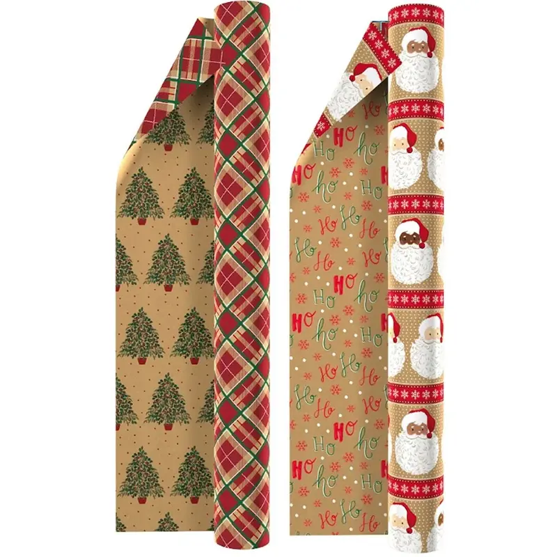 Two-Roll Double-Sided Kraft Gift Wrap Set – Brown & Red Designs, 540 Sq. Ft. Total 1